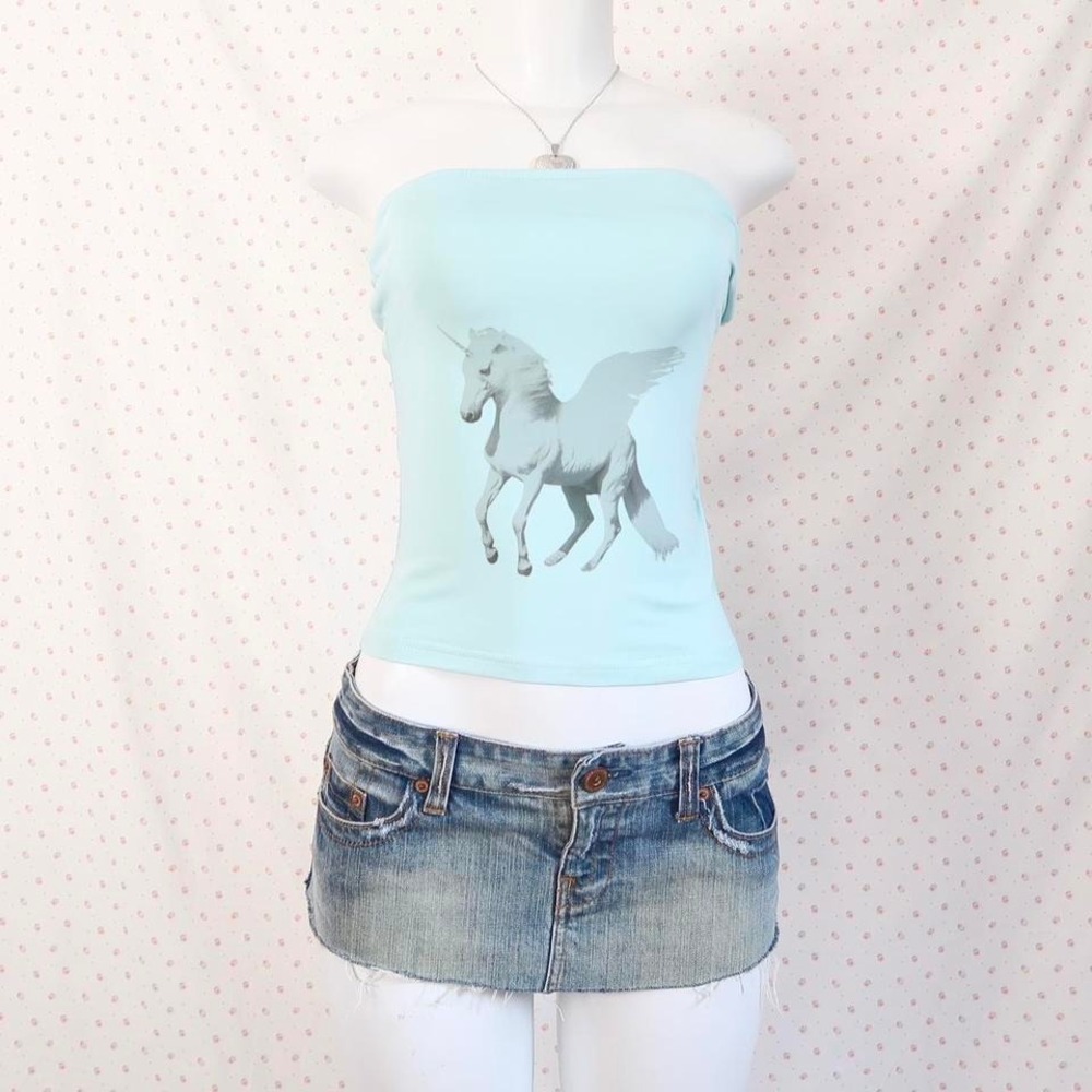 y2k unicorn tube top mint blue pegasus graphic bandeau top mcbling indie sleaze